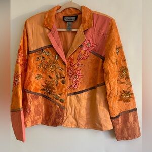 INDIGO MOON COTTON AND RAYON LACE & SEQUINS EMBROIDERED ORANGE MULTI BLAZER L